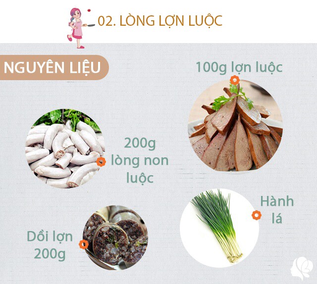 Chuẩn bị: 200g lòng non luộc; 200g dồi lợn; 100g gan lợn luộc; dạ dày và tràng, khấu đuôi... mỗi thứ một ít, 1 nắm hành lá