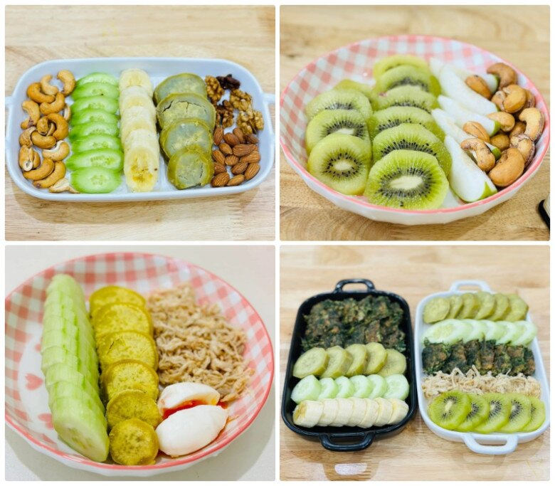 Các bữa sáng lần lượt có bữa 1: Khoai luộc, hạt điệu, hạt óc chó, chuối, dưa chuột.